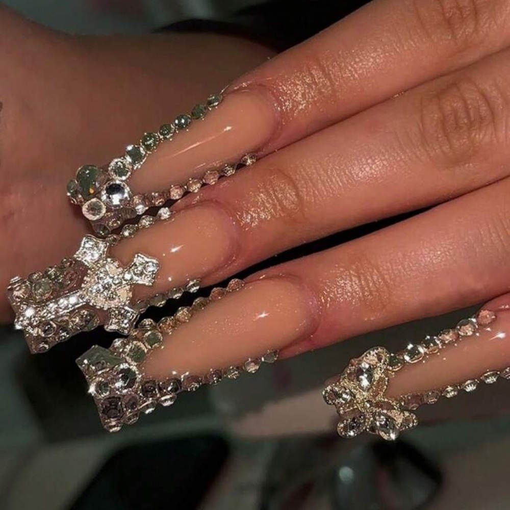 24pcs Composed Of Rhinestone French Press On Nails Long Square Fake Nails Retro